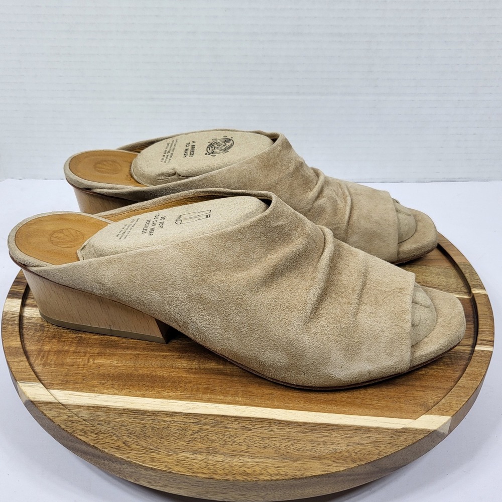 Coclico 35681 Women Sand Ruched Suede Peep Toe Wood Block Heel Mules Size 40 EU - Picture 2 of 13